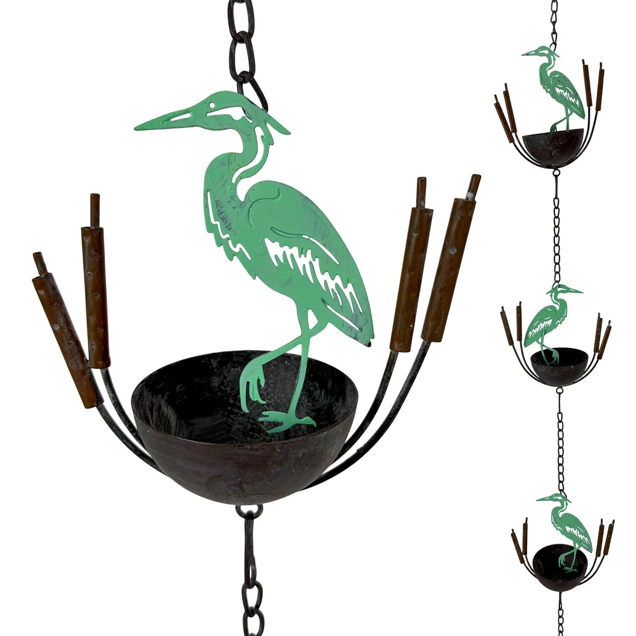 Metal Rain Chain 102in Extra Long Rustic Distressed Heron Bird Outdoor Decor